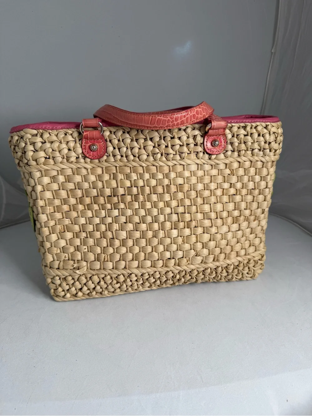 Brighton Beige Straw Tote with Pink Trim and Multicolor leather Floral Appliqués - Picture 2 of 12